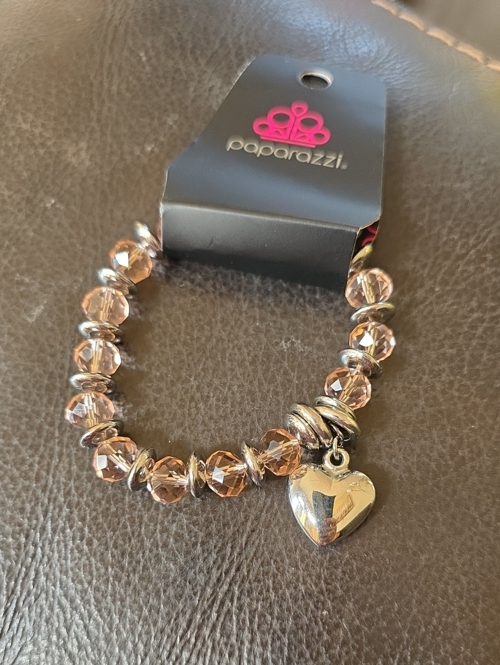 paparazzi Rose Gold Crystal Stretch Bracelet with Silver Heart Charm